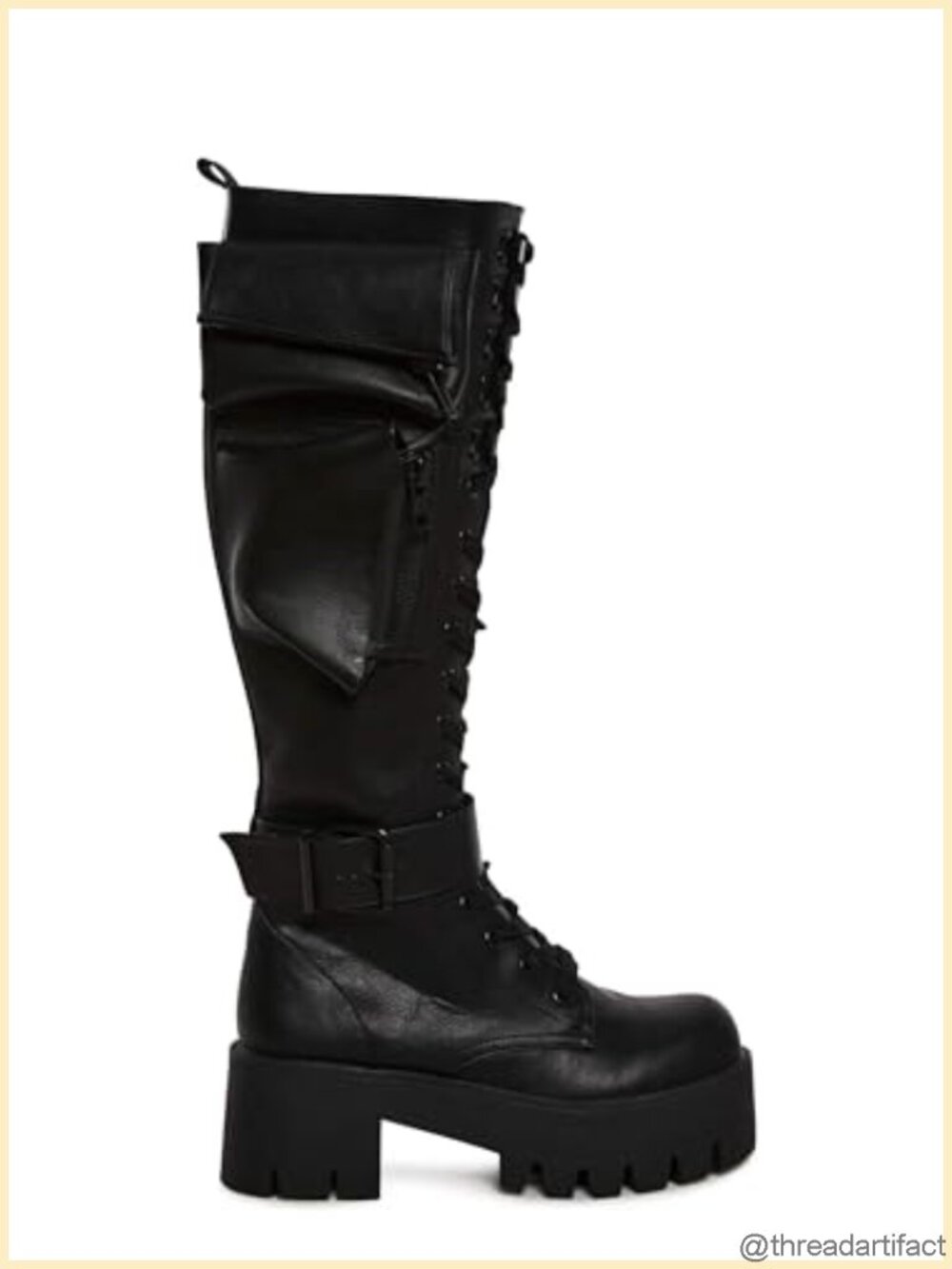 Knee-High Vegan Leather Combat Boots Platform Lace-Up Buckle
